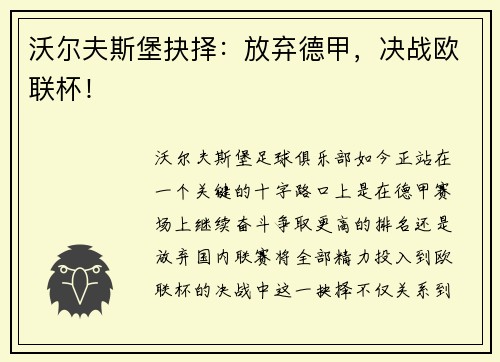 沃尔夫斯堡抉择：放弃德甲，决战欧联杯！